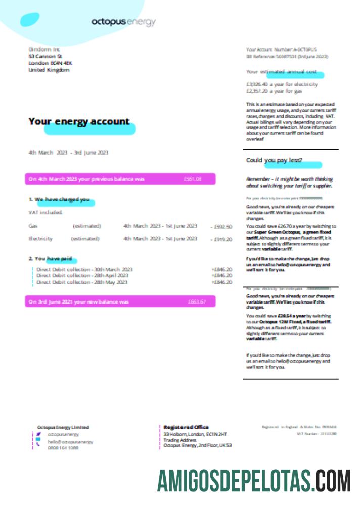 Projeto de lei de negócios de serviços públicos de energia Octopus SCR Página 1 exemplo